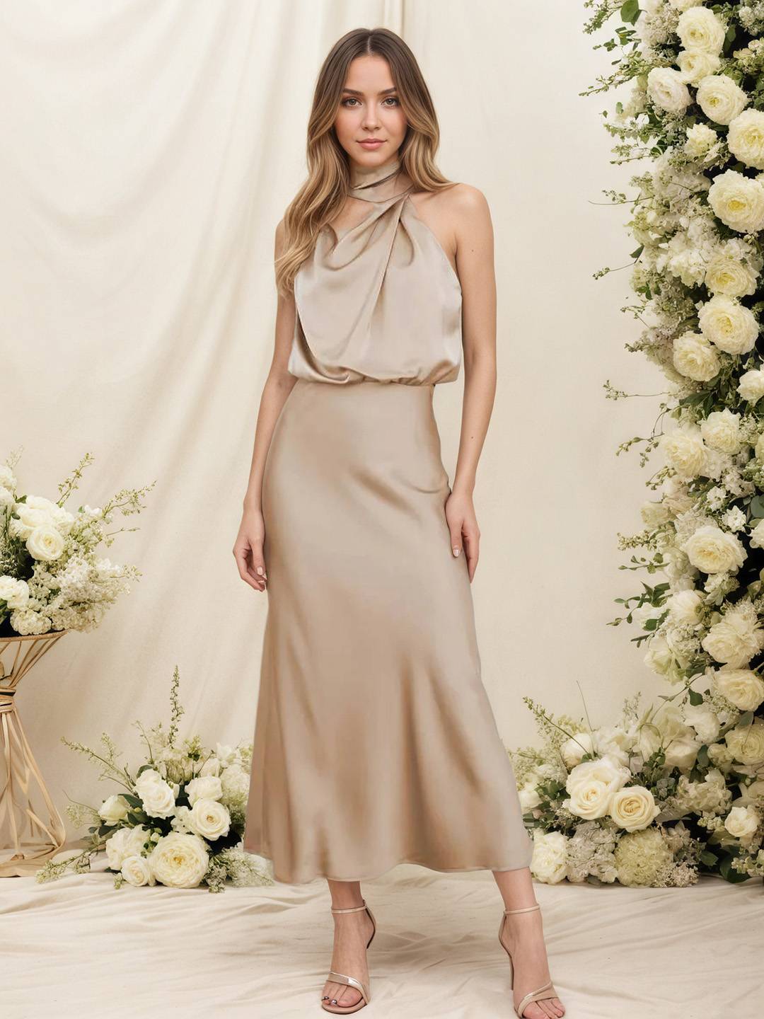Damen Satin Halterkleid mit Wickeloptik