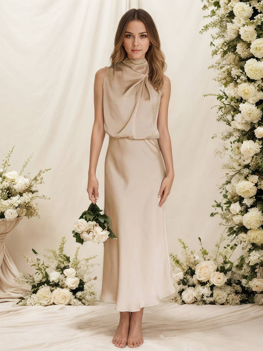 Damen Satin Halterkleid mit Wickeloptik