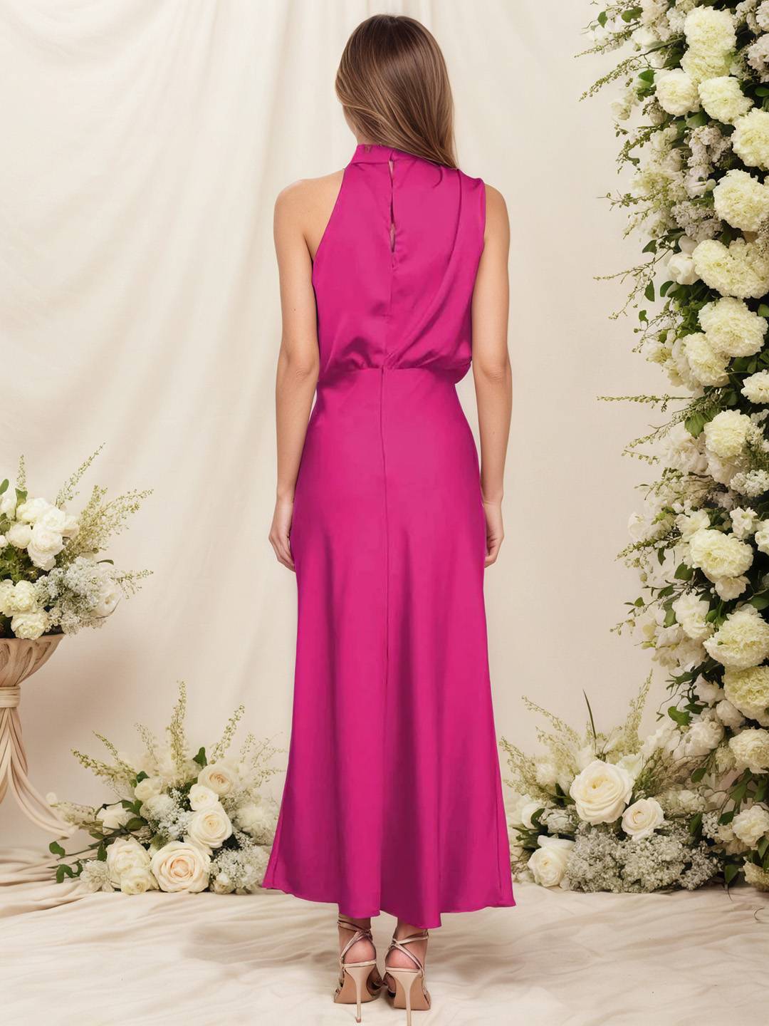 Damen Satin Halterkleid mit Wickeloptik
