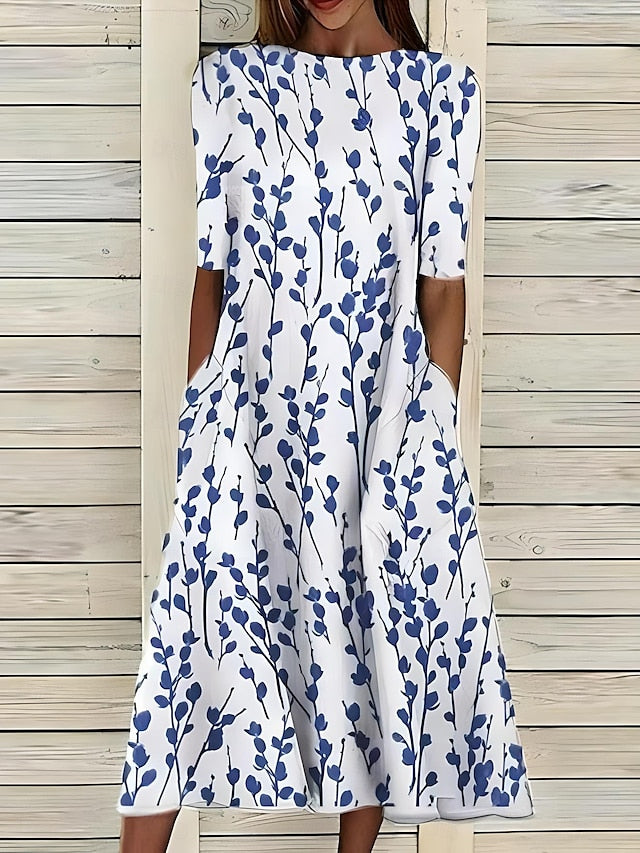 Damen Midikleid mit Küstenblumenmuster und kurzen Ärmeln