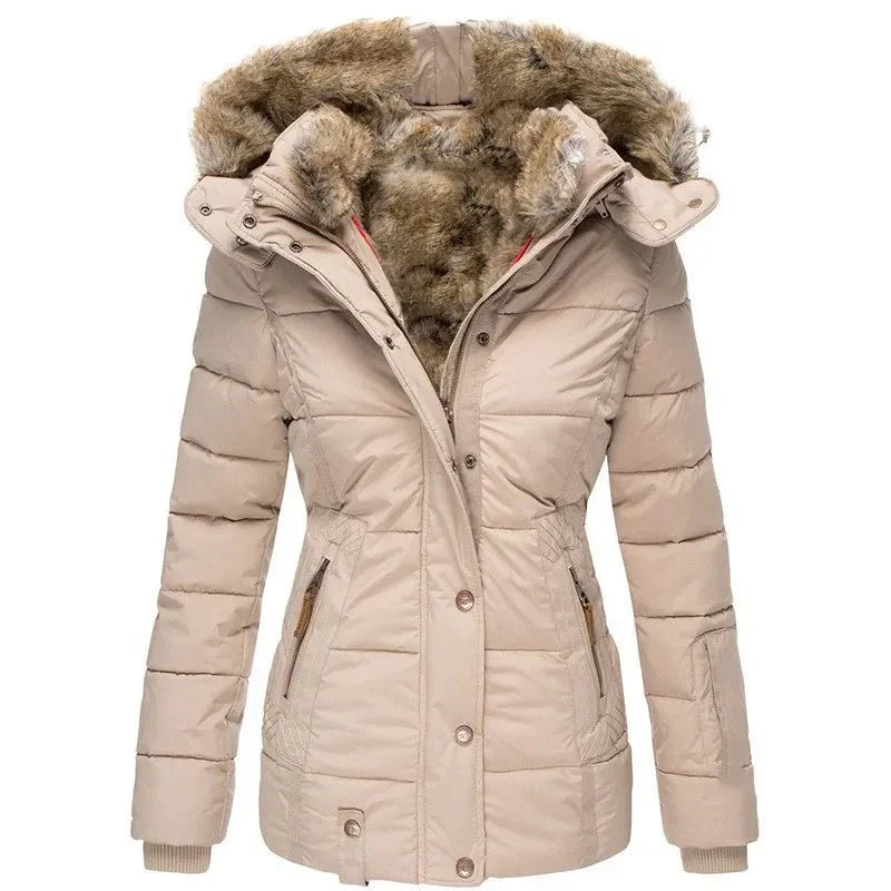 Damen warme Winterjacke mit Kunstfellkapuze