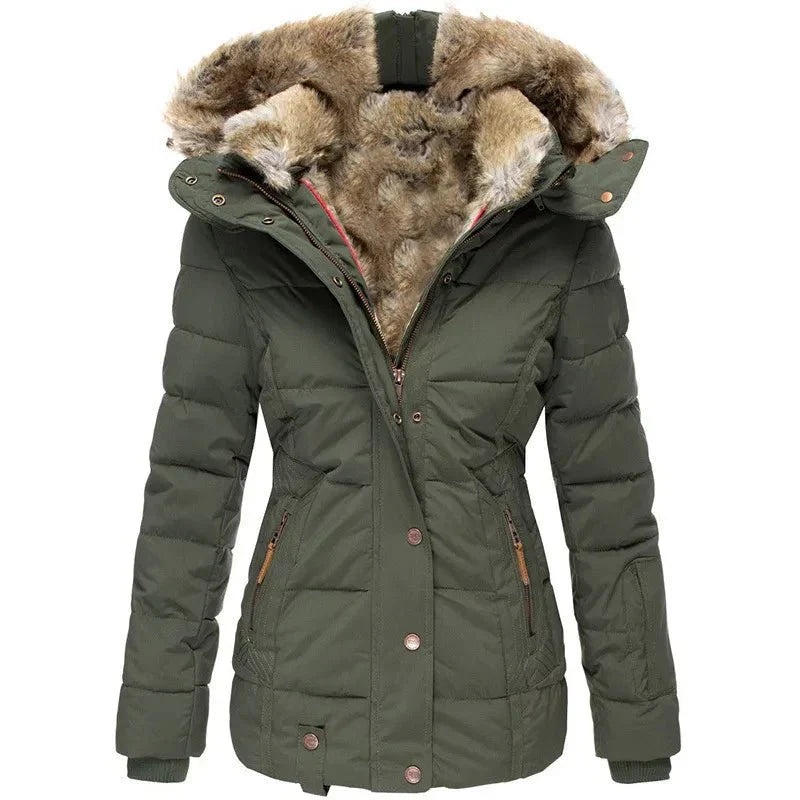 Damen warme Winterjacke mit Kunstfellkapuze