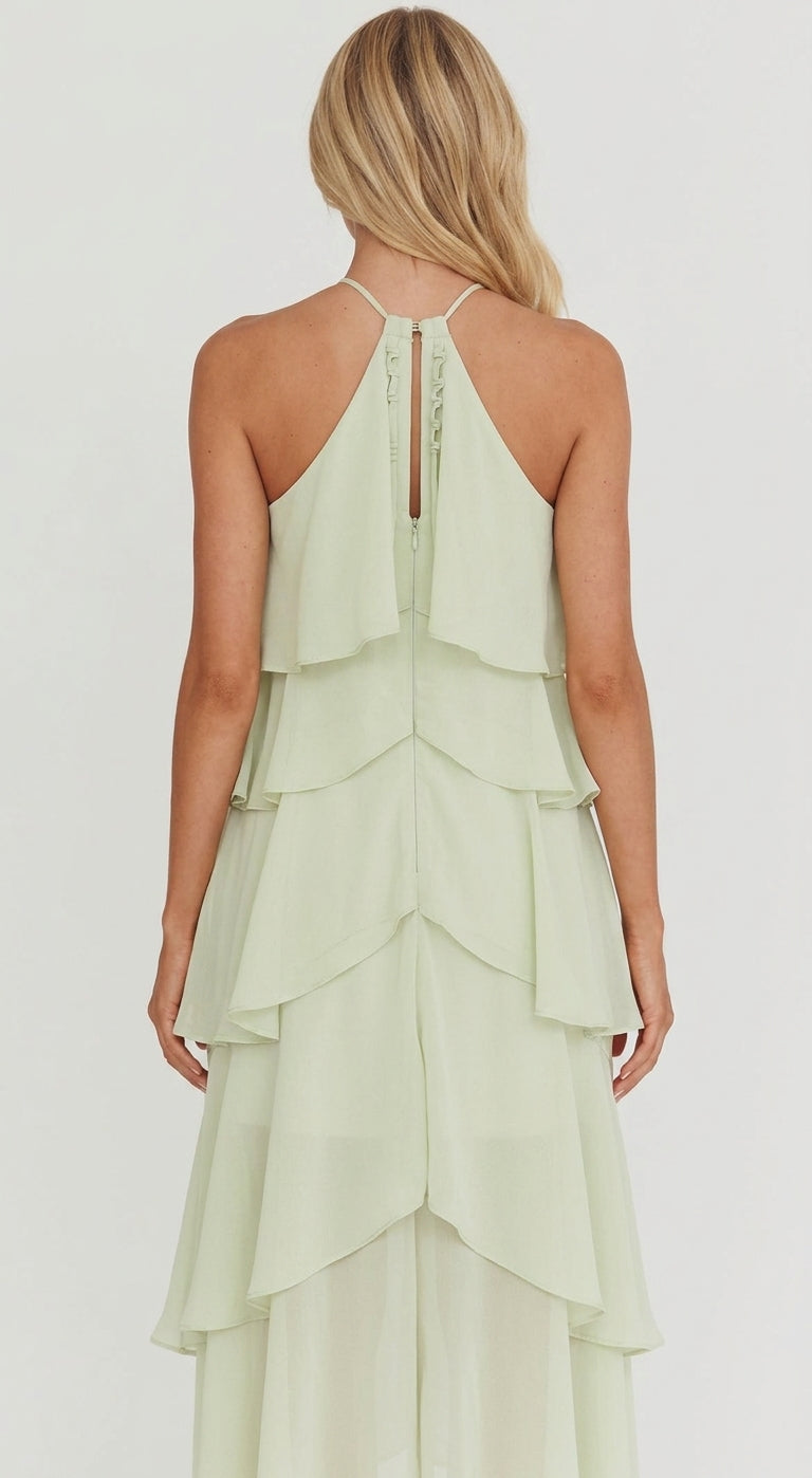 Damen Maxikleid Blumen Halter Gerüscht Etagen