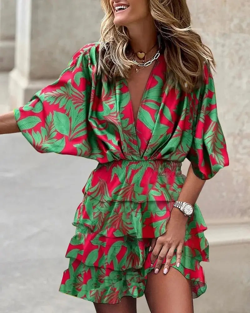 Damen Boho-Mini-Kleid mit V-Ausschnitt und Rüschen