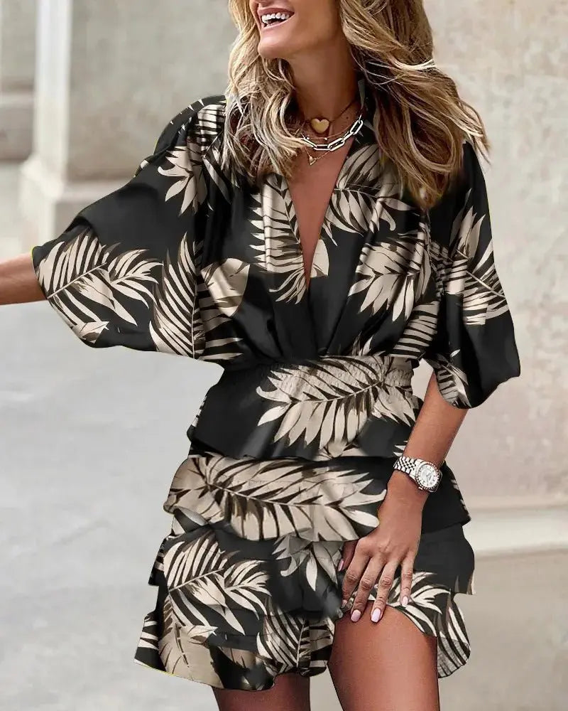Damen Boho-Mini-Kleid mit V-Ausschnitt und Rüschen