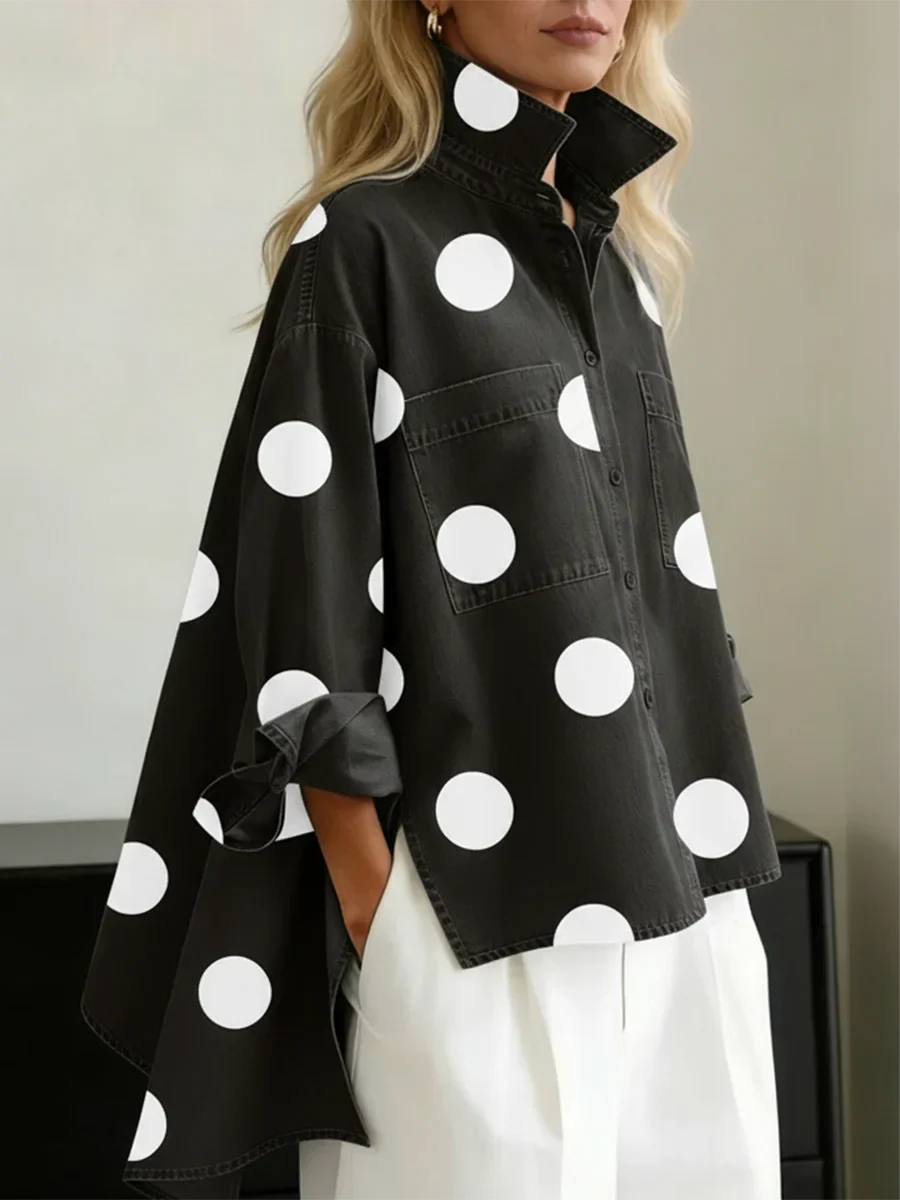 Damen Hemdbluse mit Polka Dots und Brusttaschen