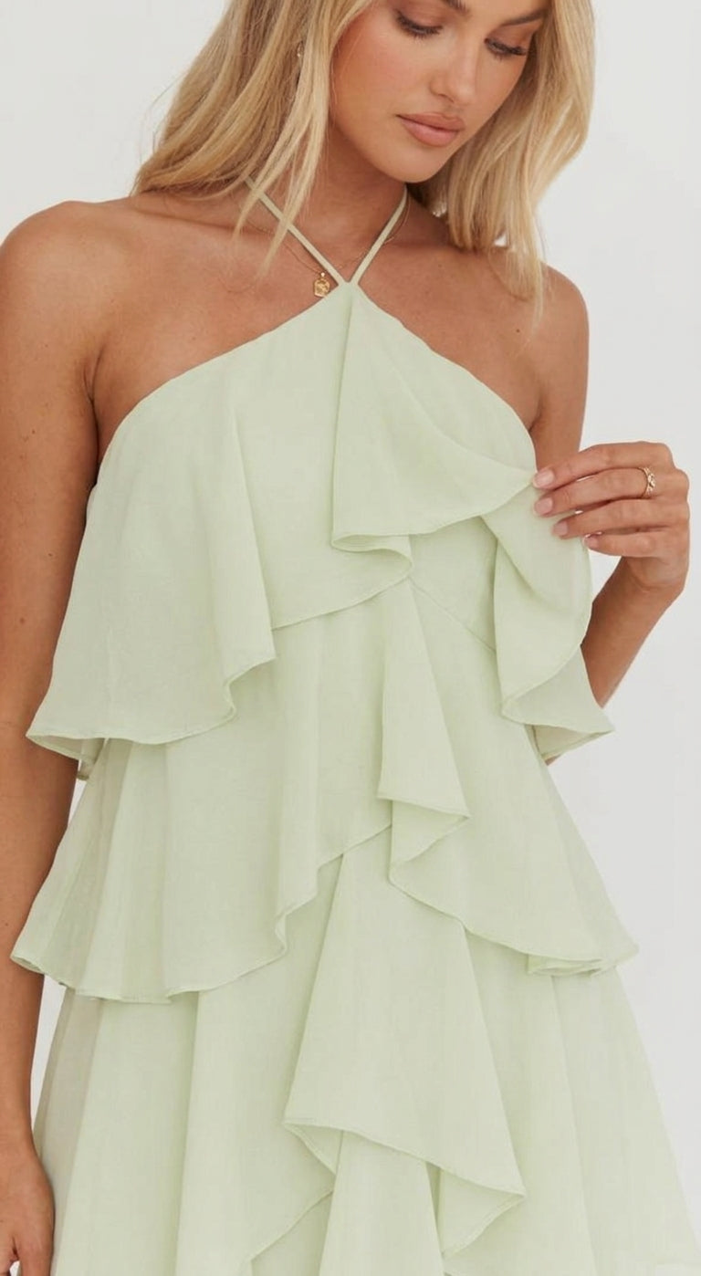 Damen Maxikleid Blumen Halter Gerüscht Etagen