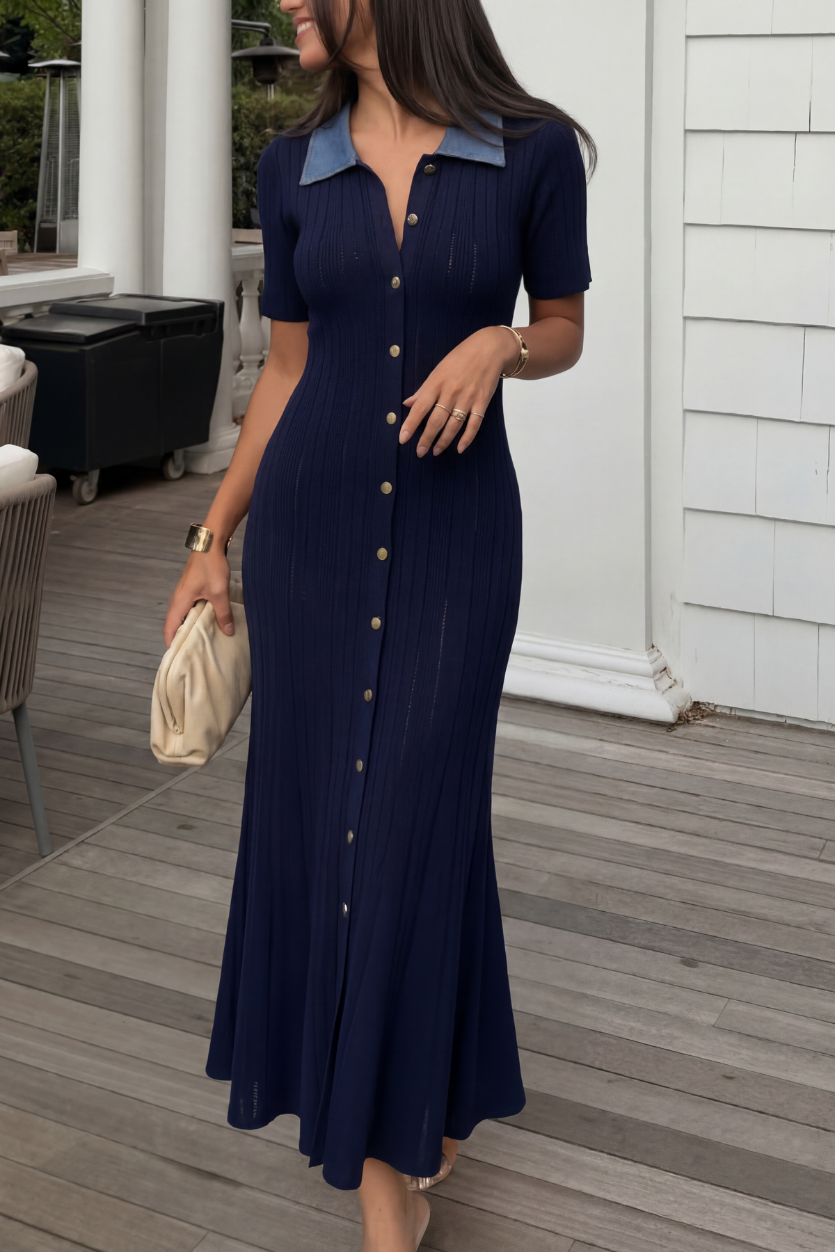 Damen figurbetontes Maxikleid mit Knopfleiste und Umlegekragen