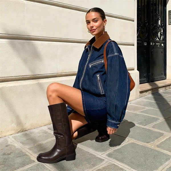 Damen Kniestiefel mit eckiger Zehenpartie und Reißverschluss