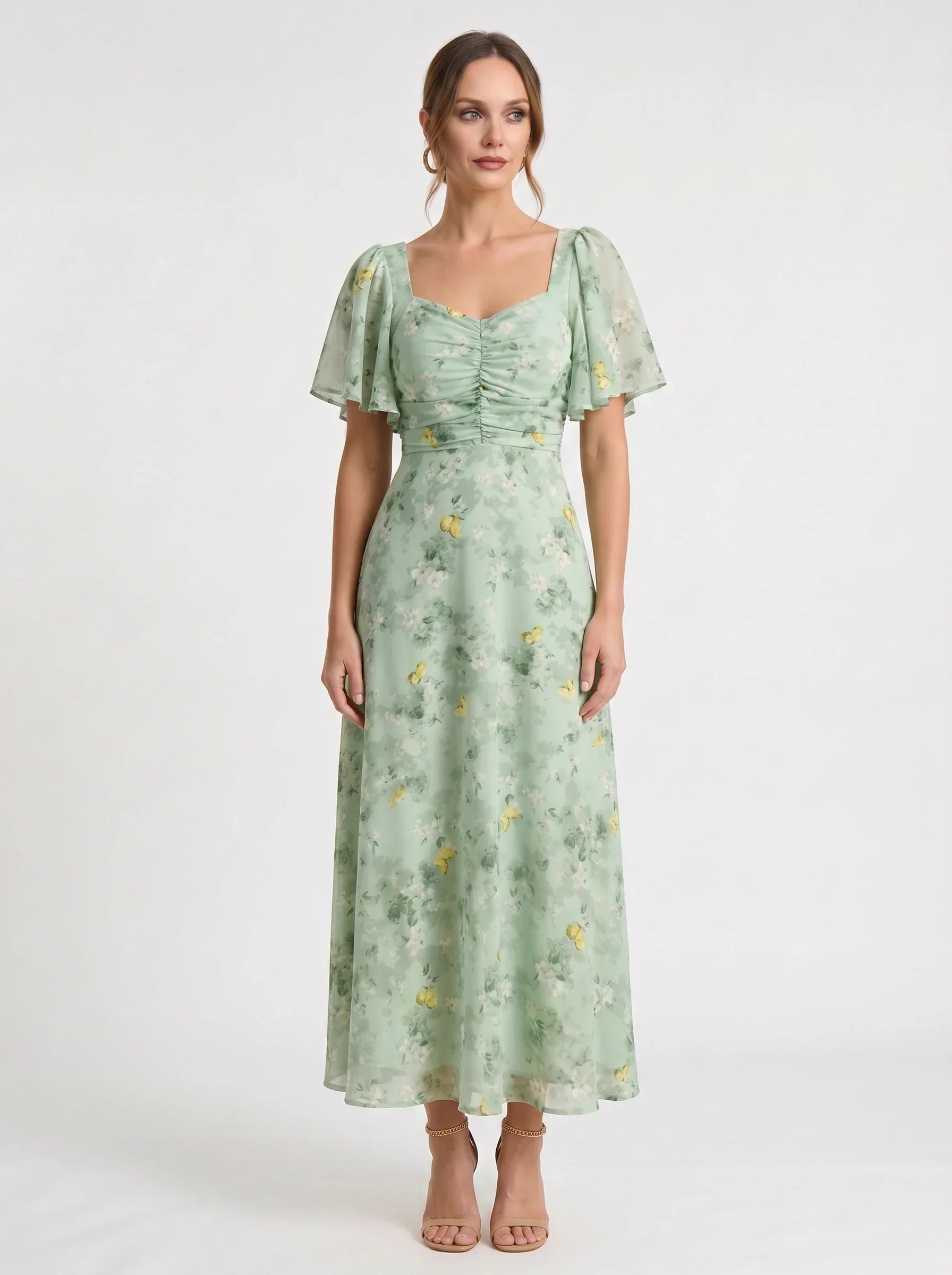 Damen Blumenprint Maxikleid mit Puffärmeln