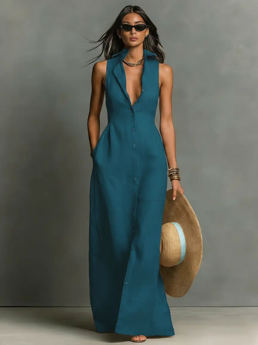 Damen Hemdblusen Maxikleid ärmellos