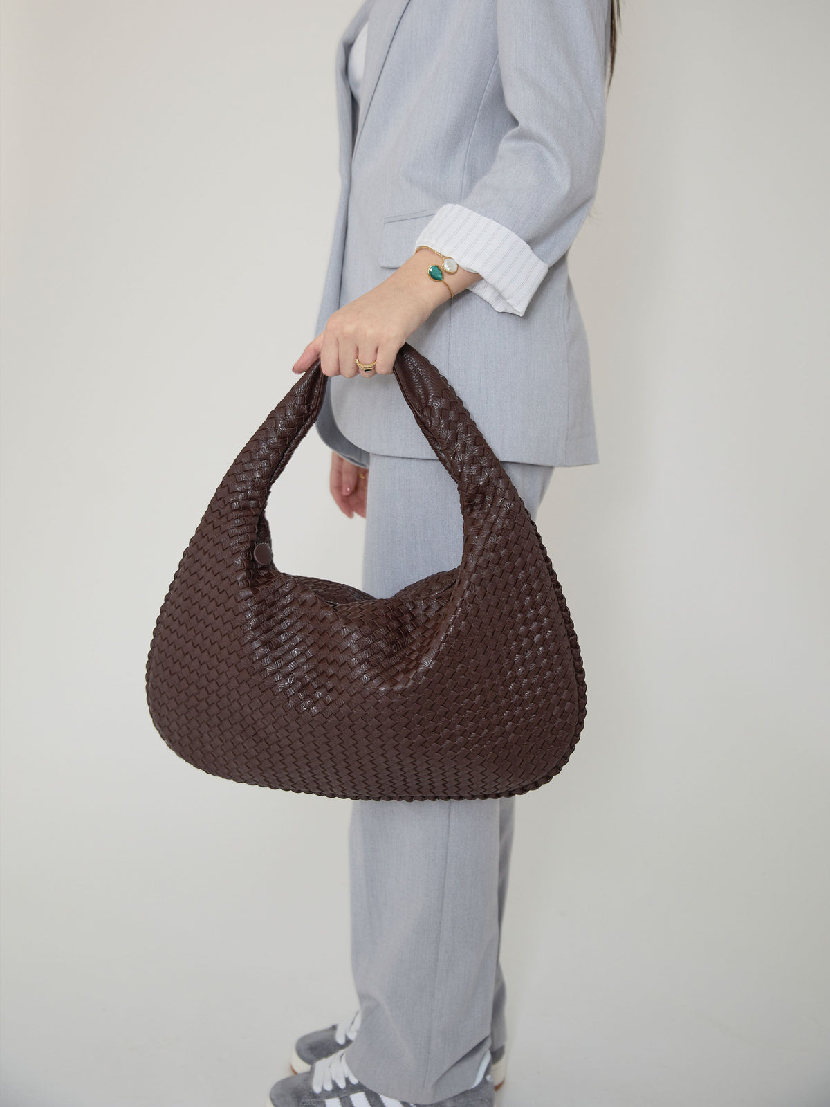 Damen Schultertasche mit Flecht-Design und Reißverschluss