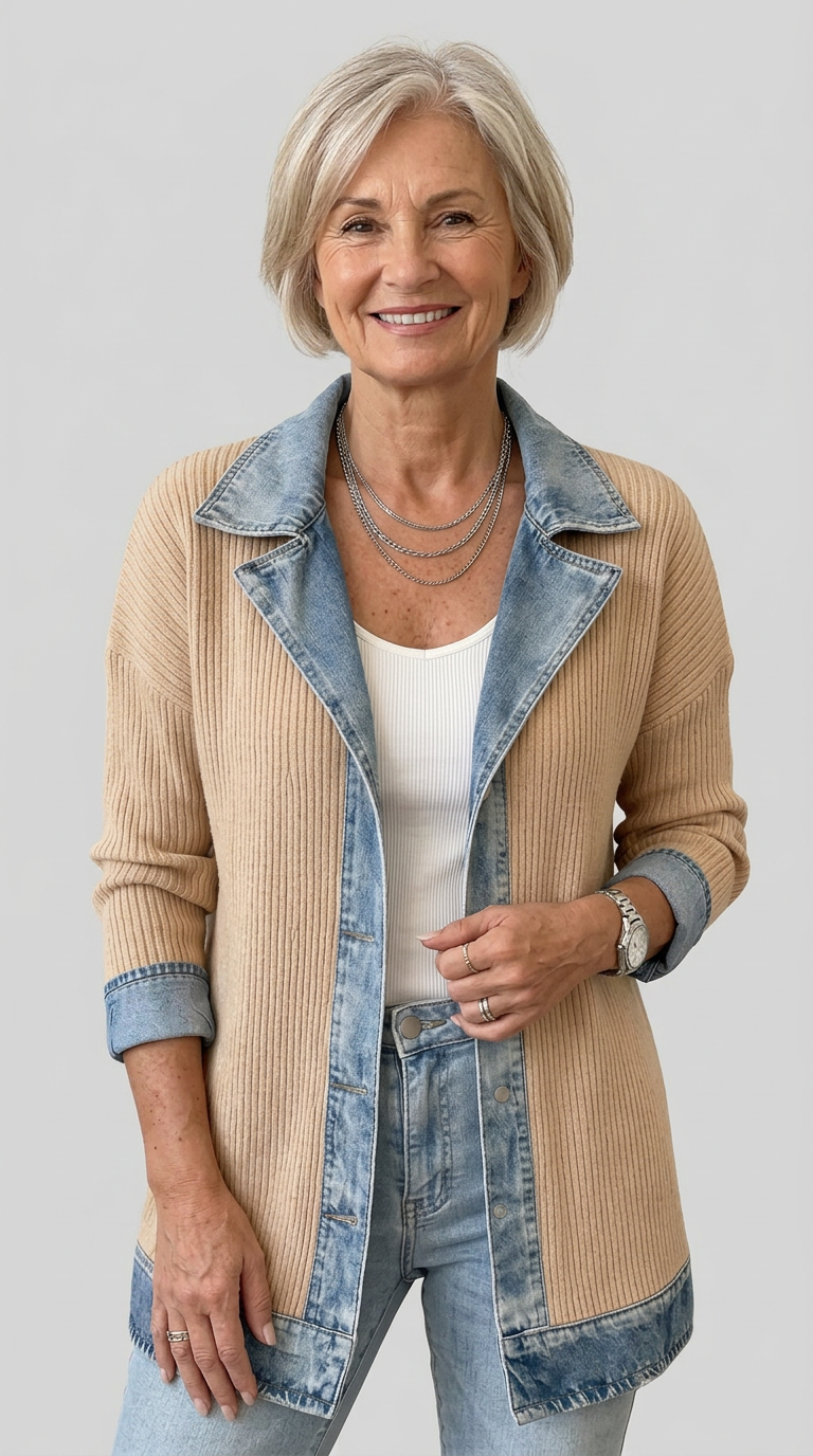 Damen Übergangsjacke mit Strick und Jeansdetails