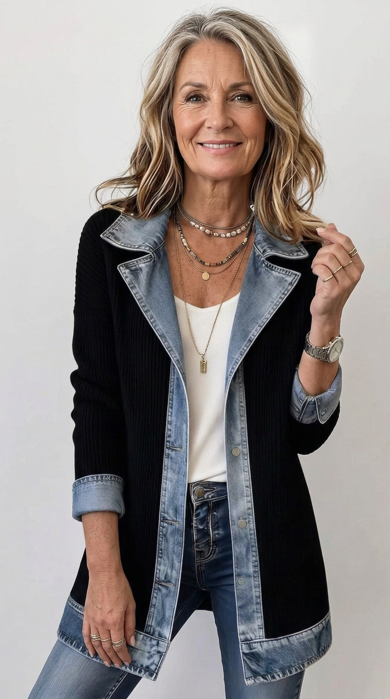 Damen Übergangsjacke mit Strick und Jeansdetails