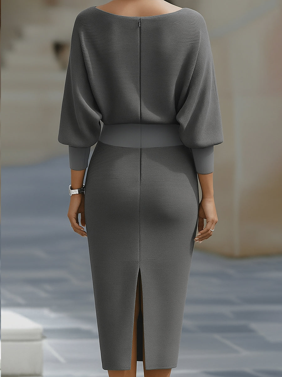 Damen Midikleid mit Rundhalsausschnitt und Fledermausärmeln