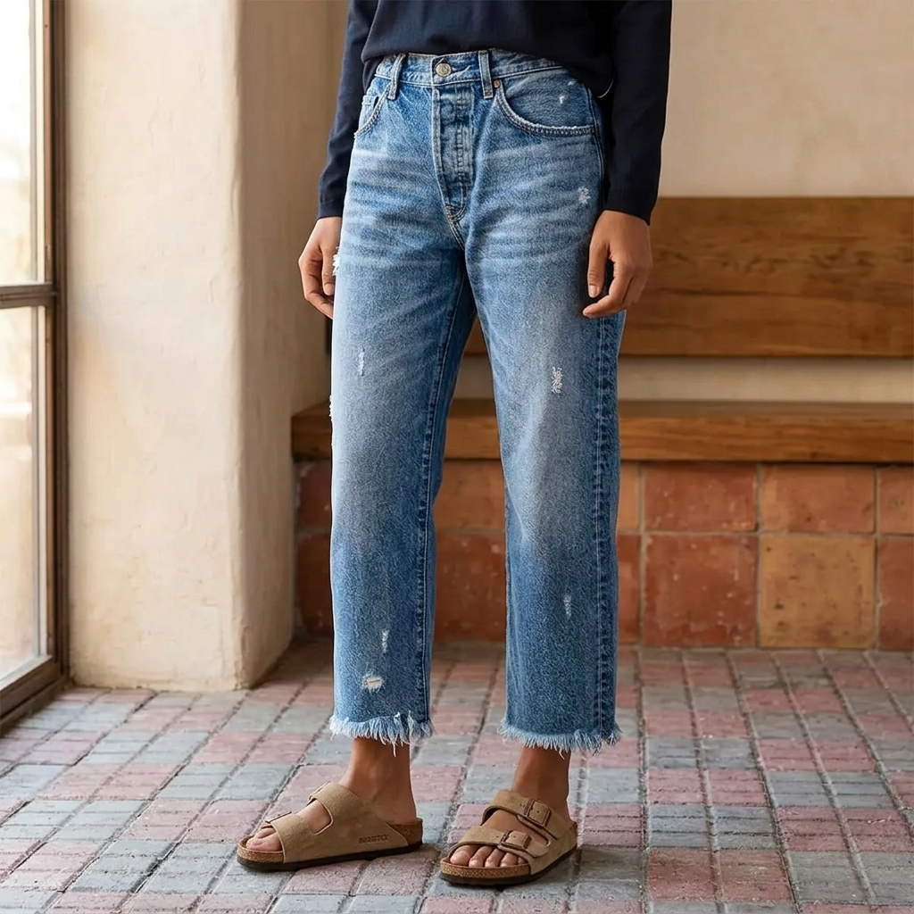 Damen Straight-Leg-Jeans mit Fransensaum im Retro-Stil