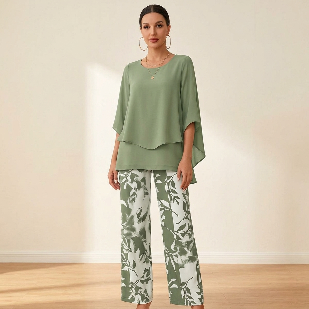 Damen Zweiteiler-Set mit Weitbein-Hose und Blumenprint