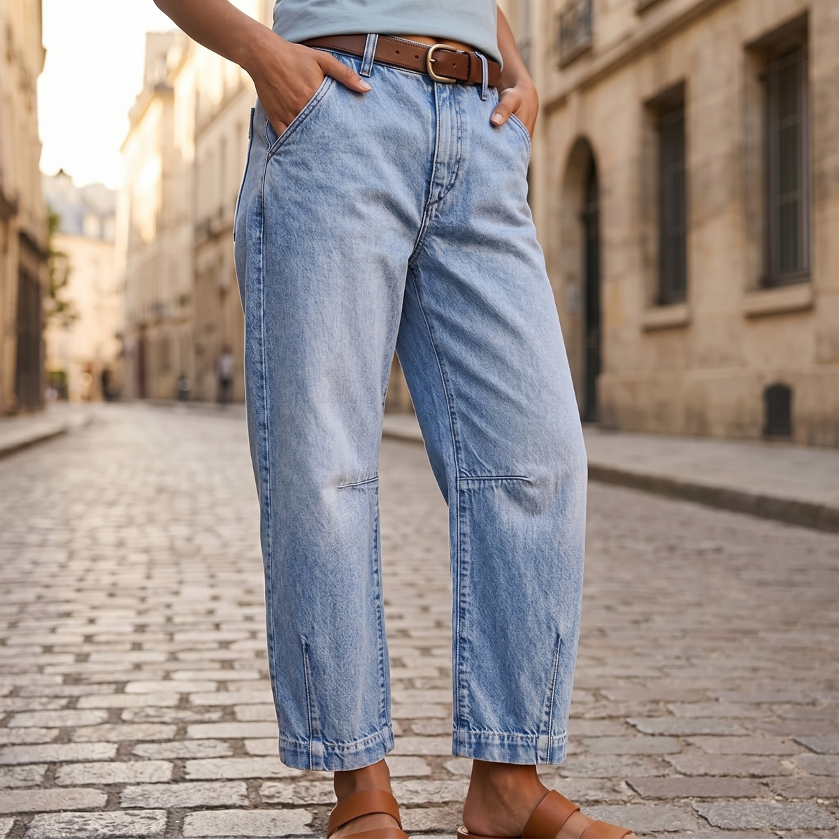 Damen hochtaillierte Barrel-Leg-Jeans mit Frontschlitz