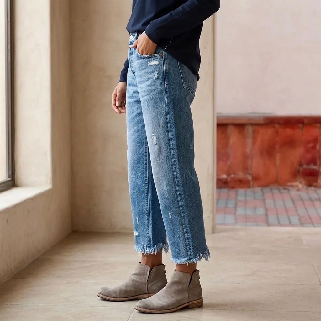 Damen Straight-Leg-Jeans mit Fransensaum im Retro-Stil