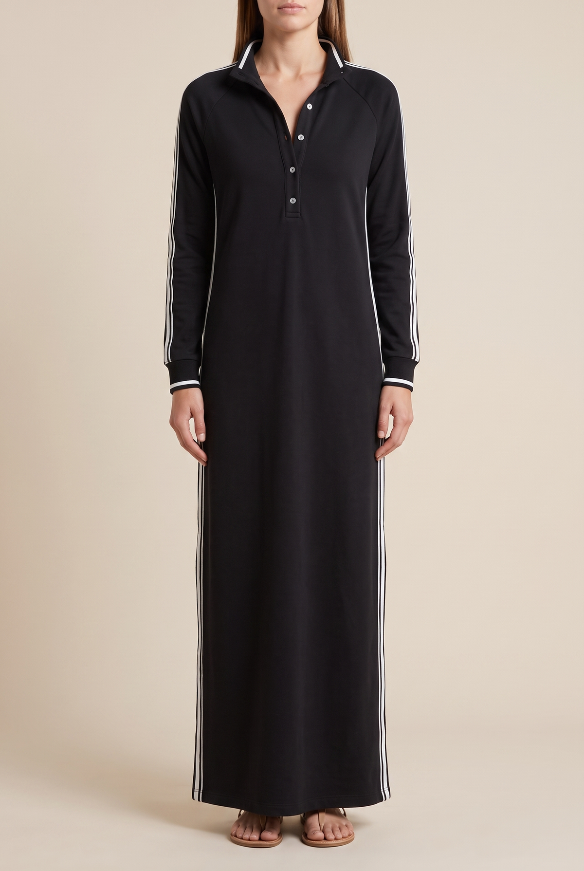 Damen Maxikleid mit Kontrastbesatz und Knopfleiste