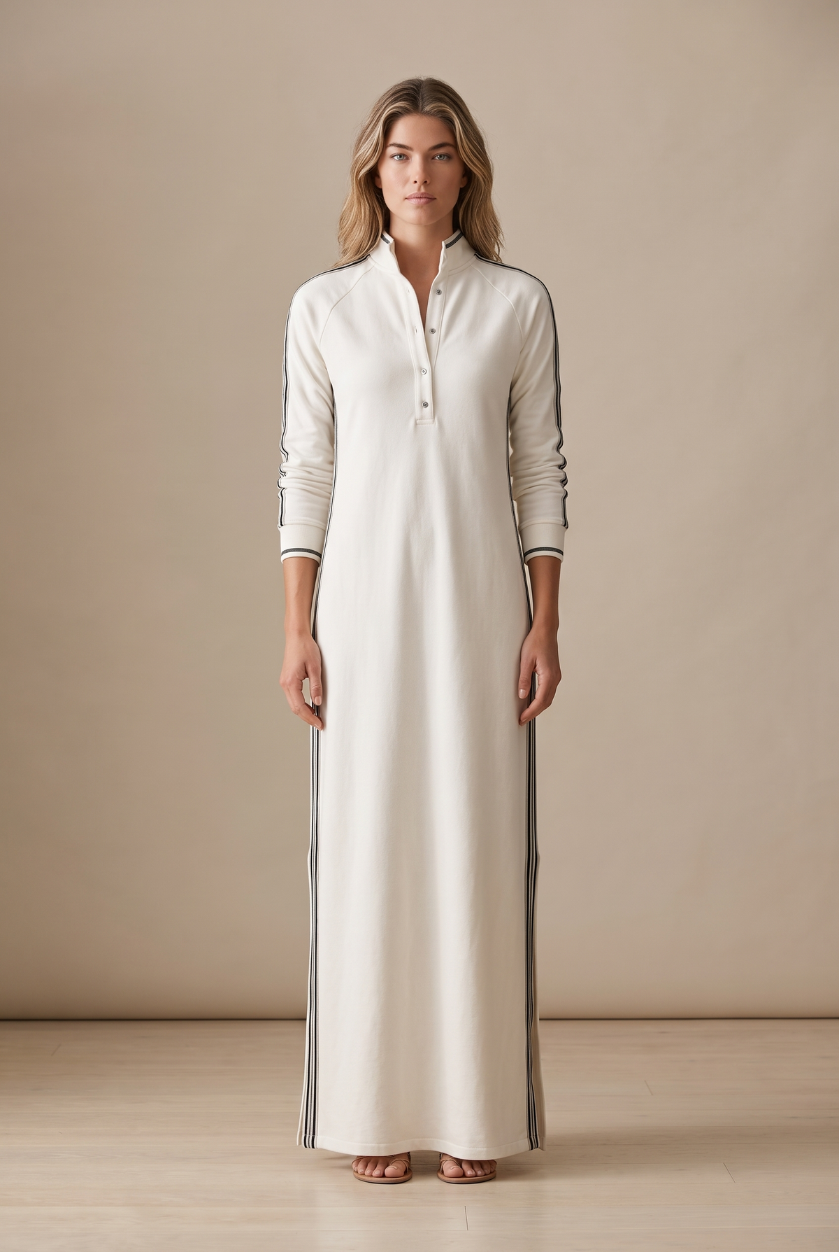 Damen Maxikleid mit Kontrastbesatz und Knopfleiste