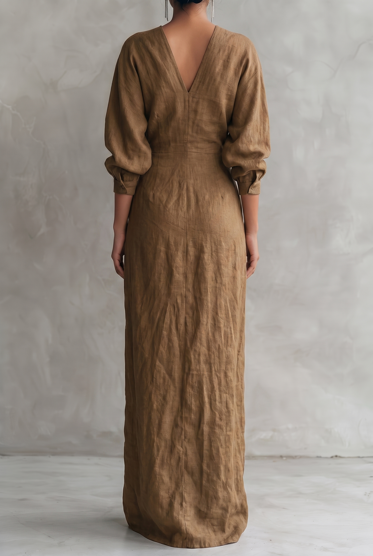 Damen Maxikleid aus Leinenmix mit V-Ausschnitt