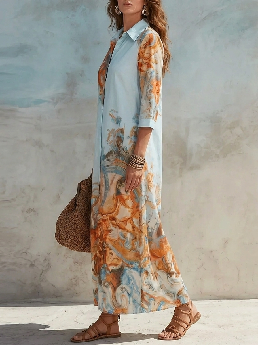 Damen Paisley-Maxikleid in Hellblau mit Hemdkragen