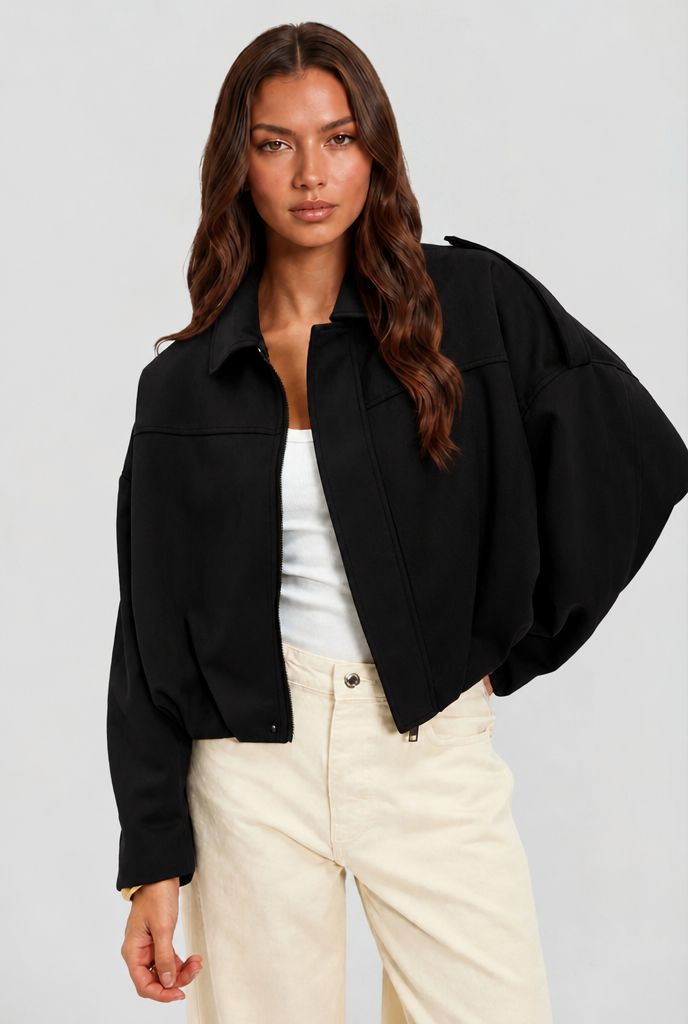 Damen kurze Oversized-Jacke mit Reißverschluss und Umlegekragen
