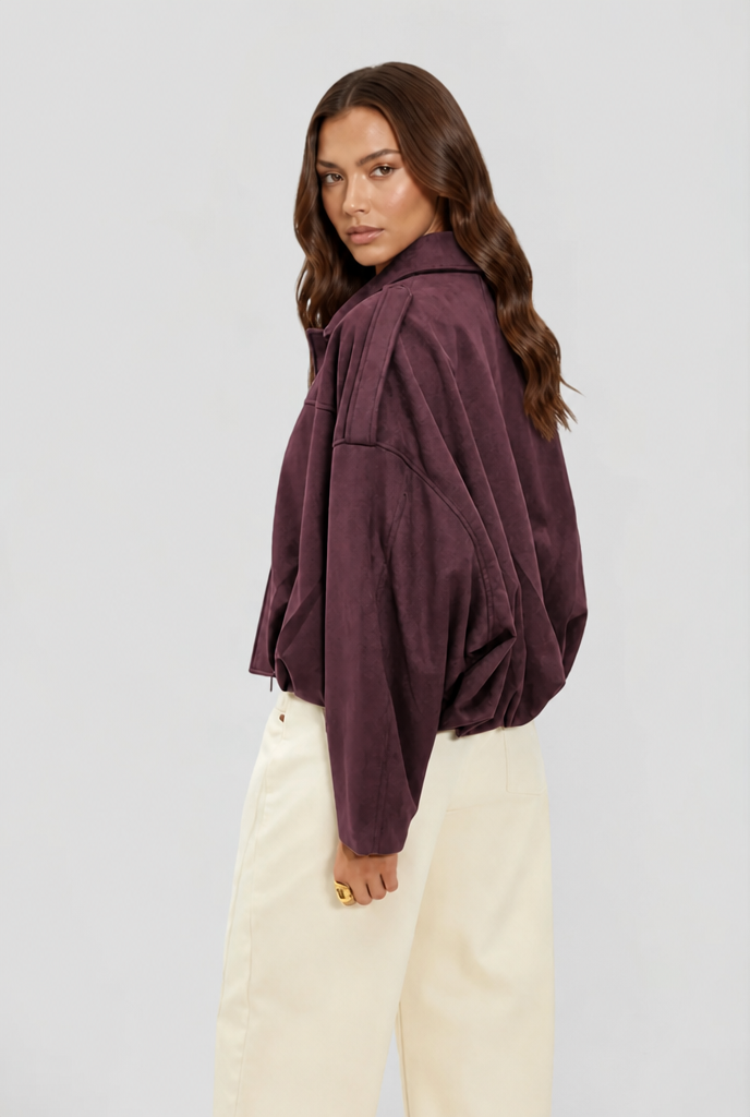 Damen kurze Oversized-Jacke mit Reißverschluss und Umlegekragen