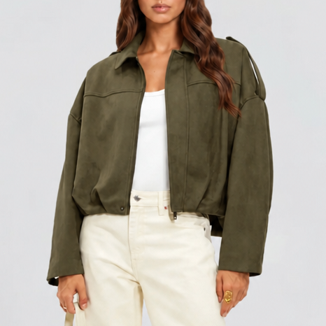 Damen kurze Oversized-Jacke mit Reißverschluss und Umlegekragen
