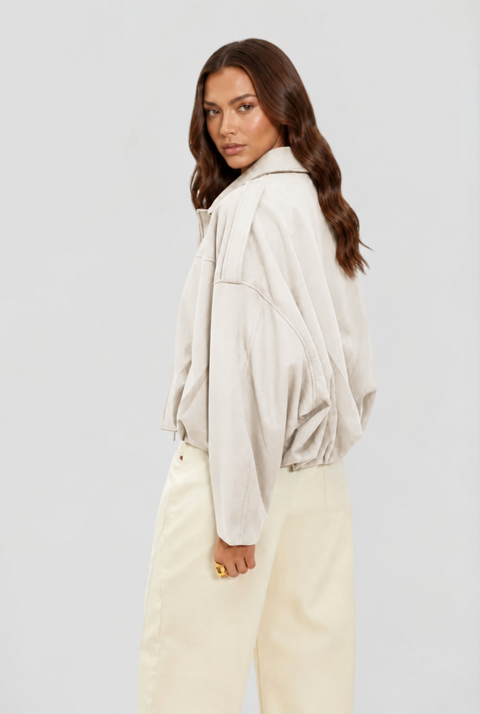 Damen kurze Oversized-Jacke mit Reißverschluss und Umlegekragen