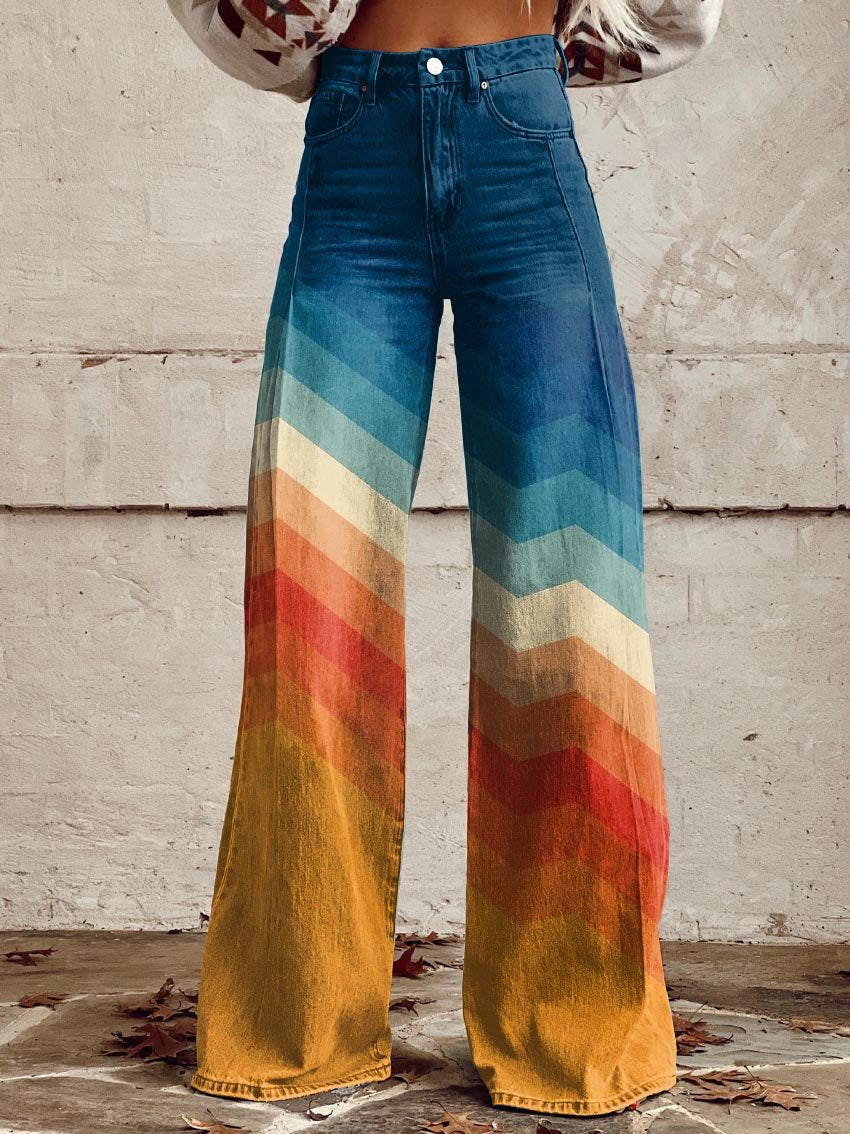 Damen Weitbein-Hose mit Chevron-Muster und hoher Taille