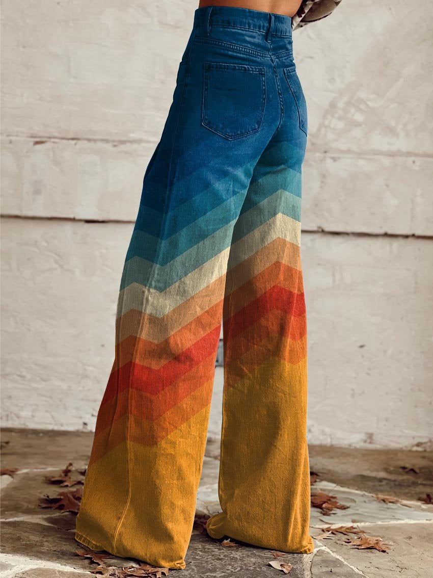 Damen Weitbein-Hose mit Chevron-Muster und hoher Taille