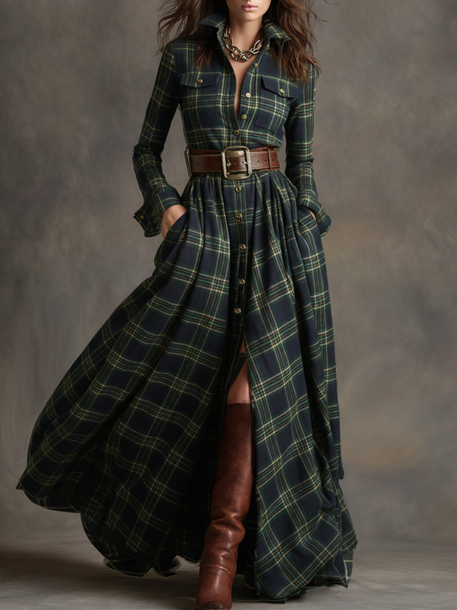 Damen Maxikleid mit Karomuster und Gürtel
