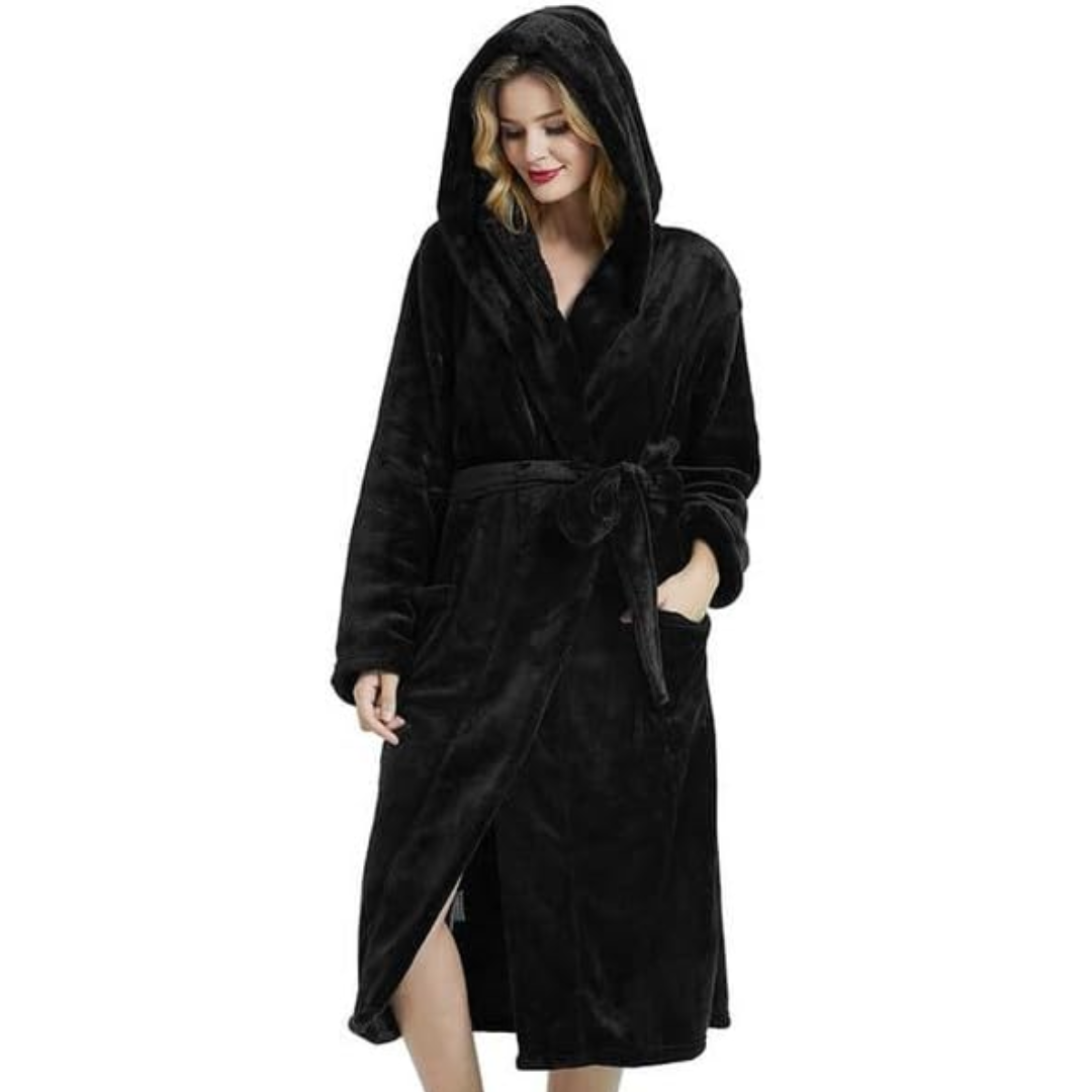 Damen langer Fleece-Bademantel mit Kapuze