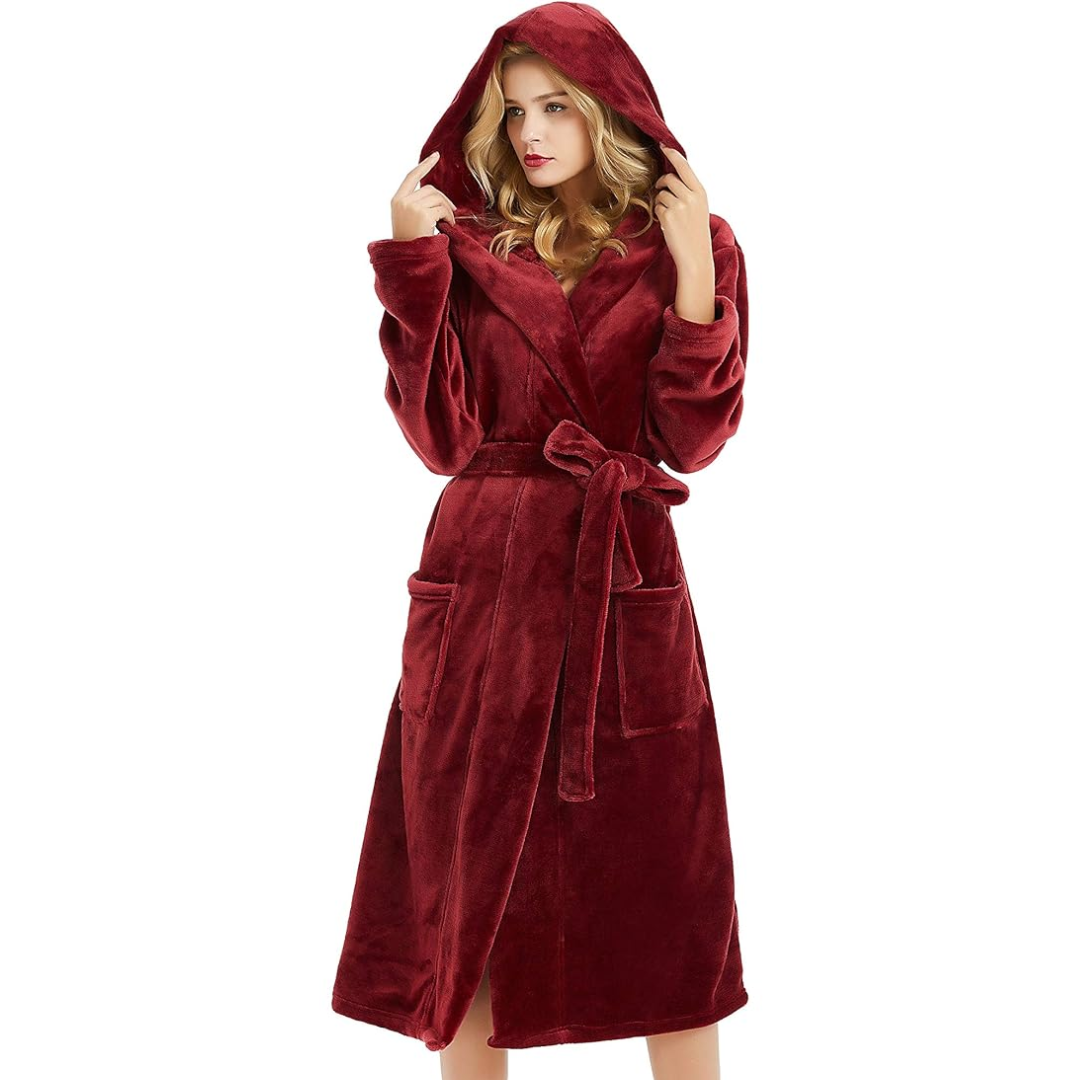 Damen langer Fleece-Bademantel mit Kapuze