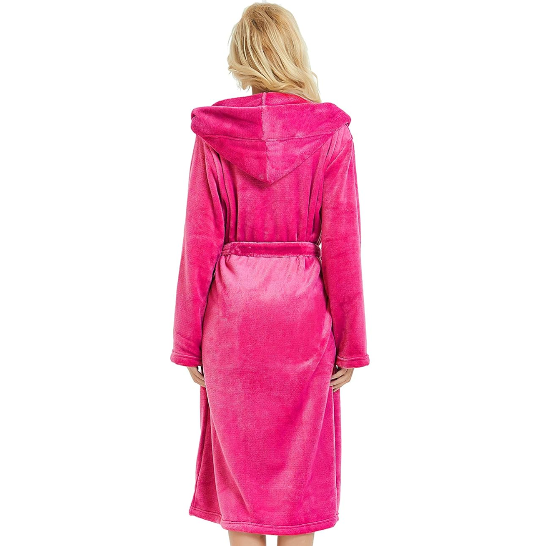 Damen langer Fleece-Bademantel mit Kapuze