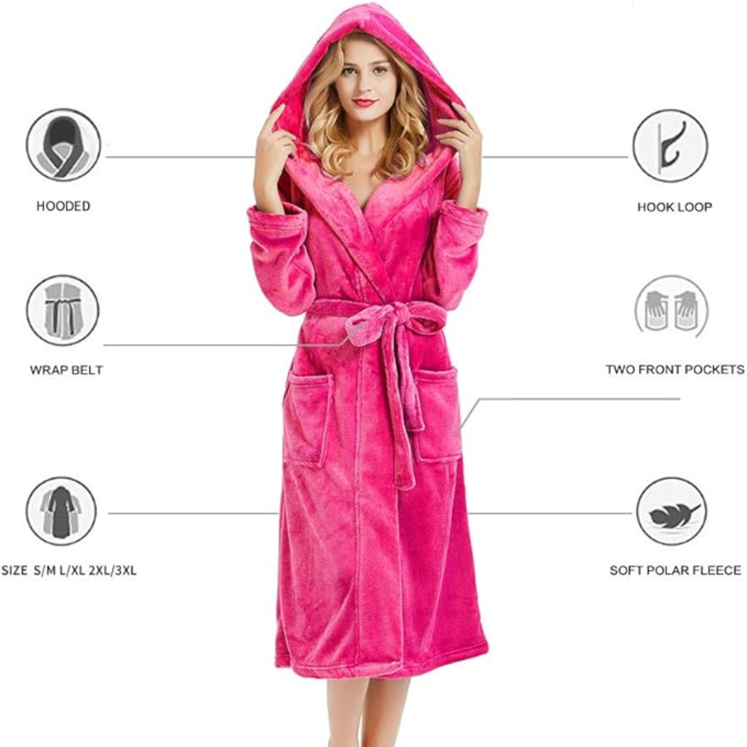 Damen langer Fleece-Bademantel mit Kapuze