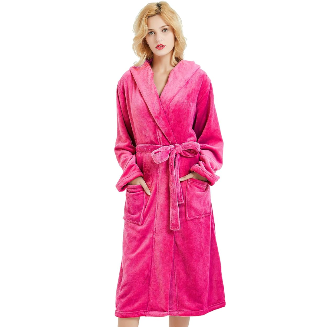 Damen langer Fleece-Bademantel mit Kapuze
