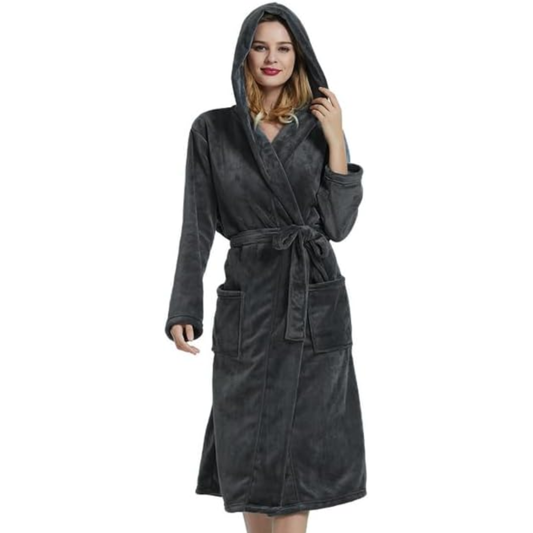 Damen langer Fleece-Bademantel mit Kapuze