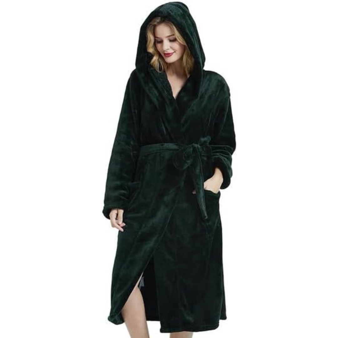 Damen langer Fleece-Bademantel mit Kapuze