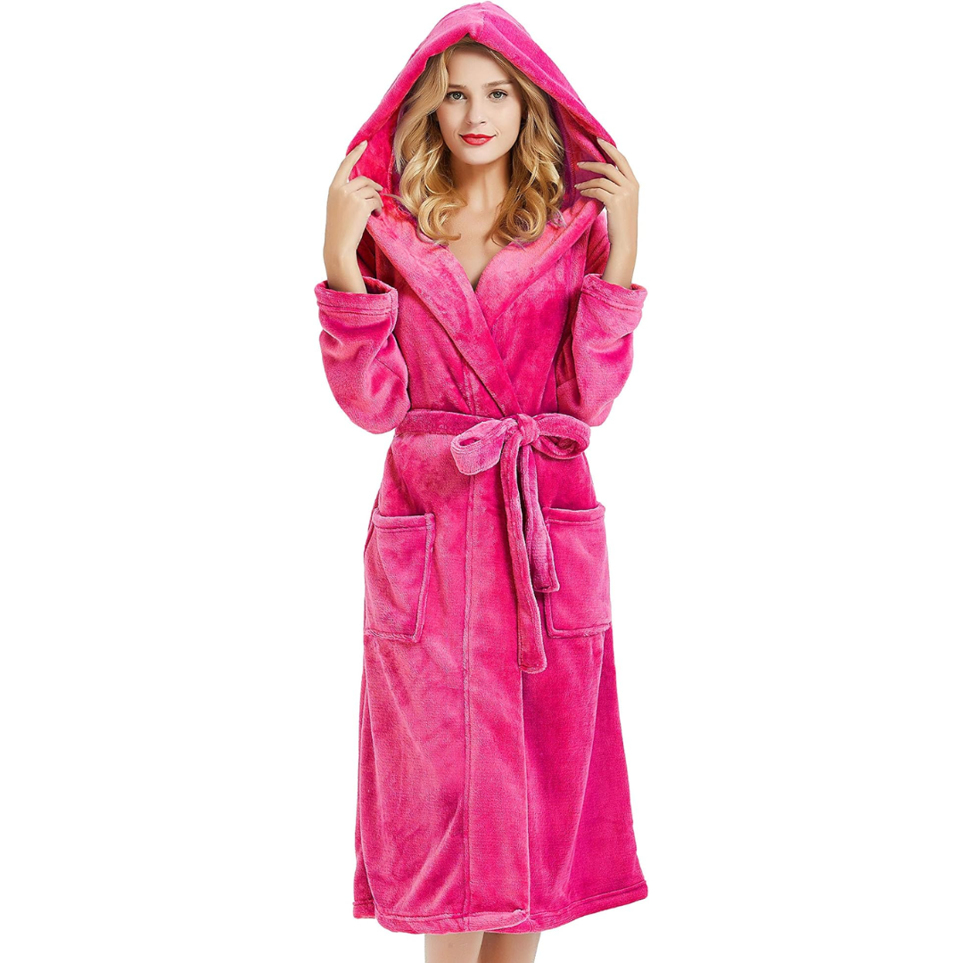 Damen langer Fleece-Bademantel mit Kapuze