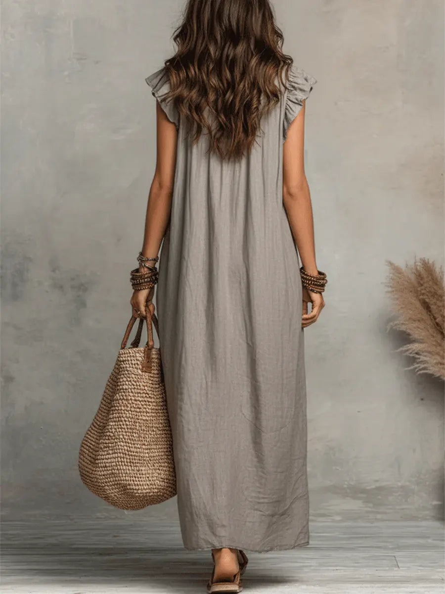 Damen Boho-Kleid aus Leinen-Baumwolle mit Volants