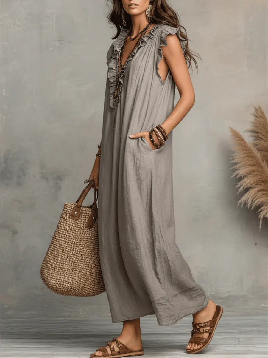 Damen Boho-Kleid aus Leinen-Baumwolle mit Volants