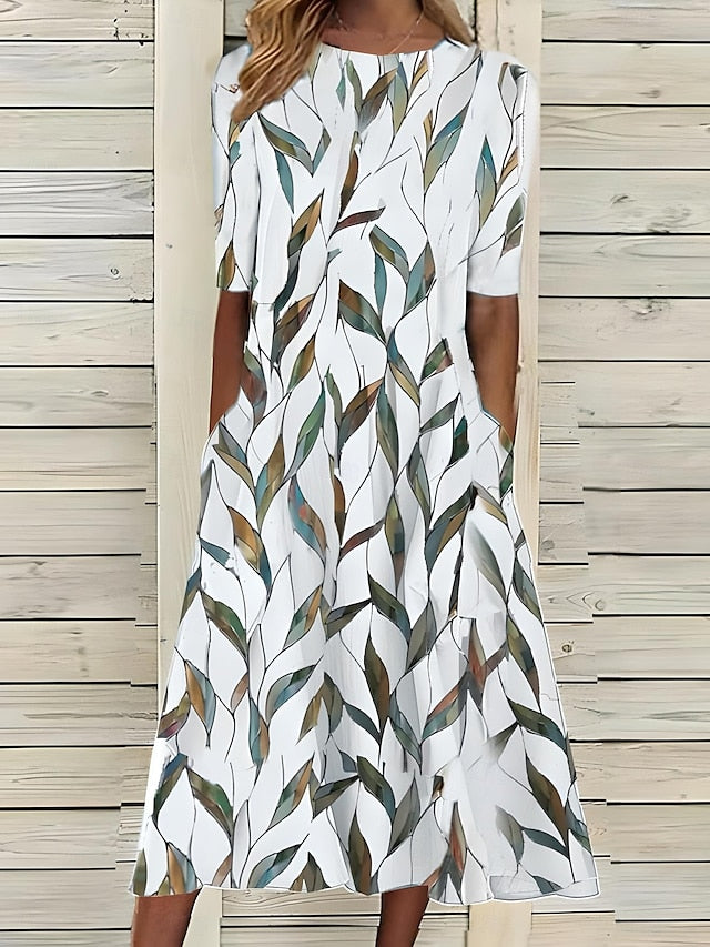 Damen Midikleid mit Küstenblumenmuster und kurzen Ärmeln