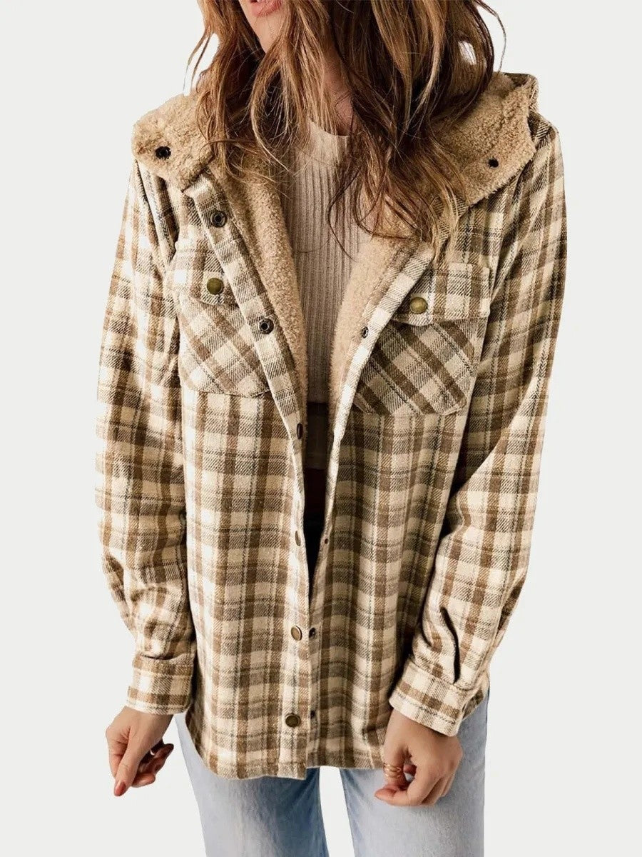 Damen Kapuzenjacke mit Karomuster und Knopfleiste