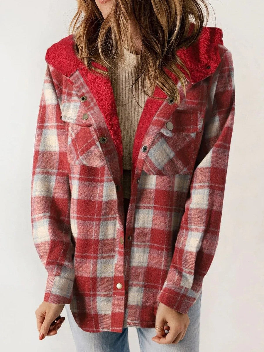 Damen Kapuzenjacke mit Karomuster und Knopfleiste
