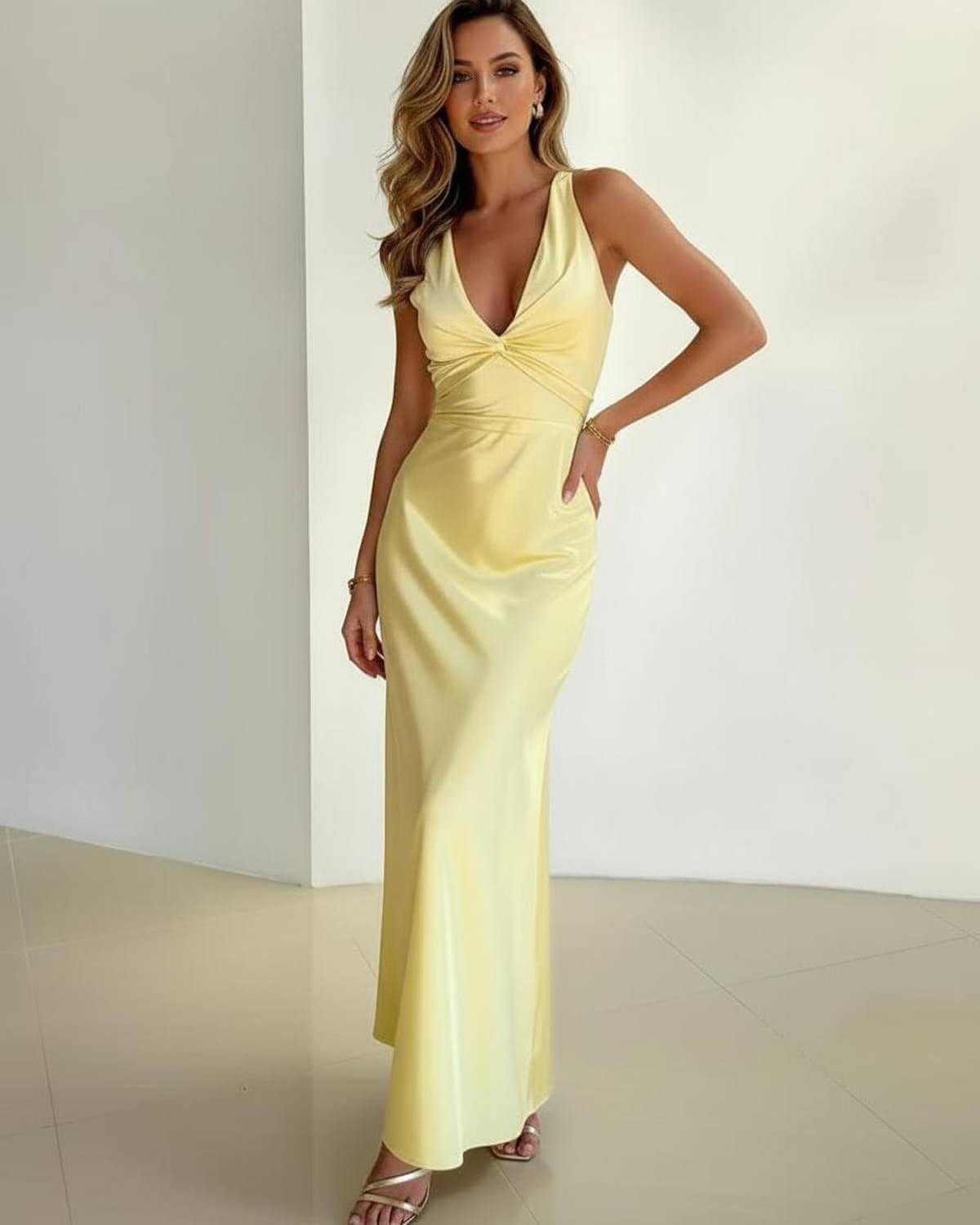 Gelbes Satin Maxikleid A-Linie mit V-Ausschnitt