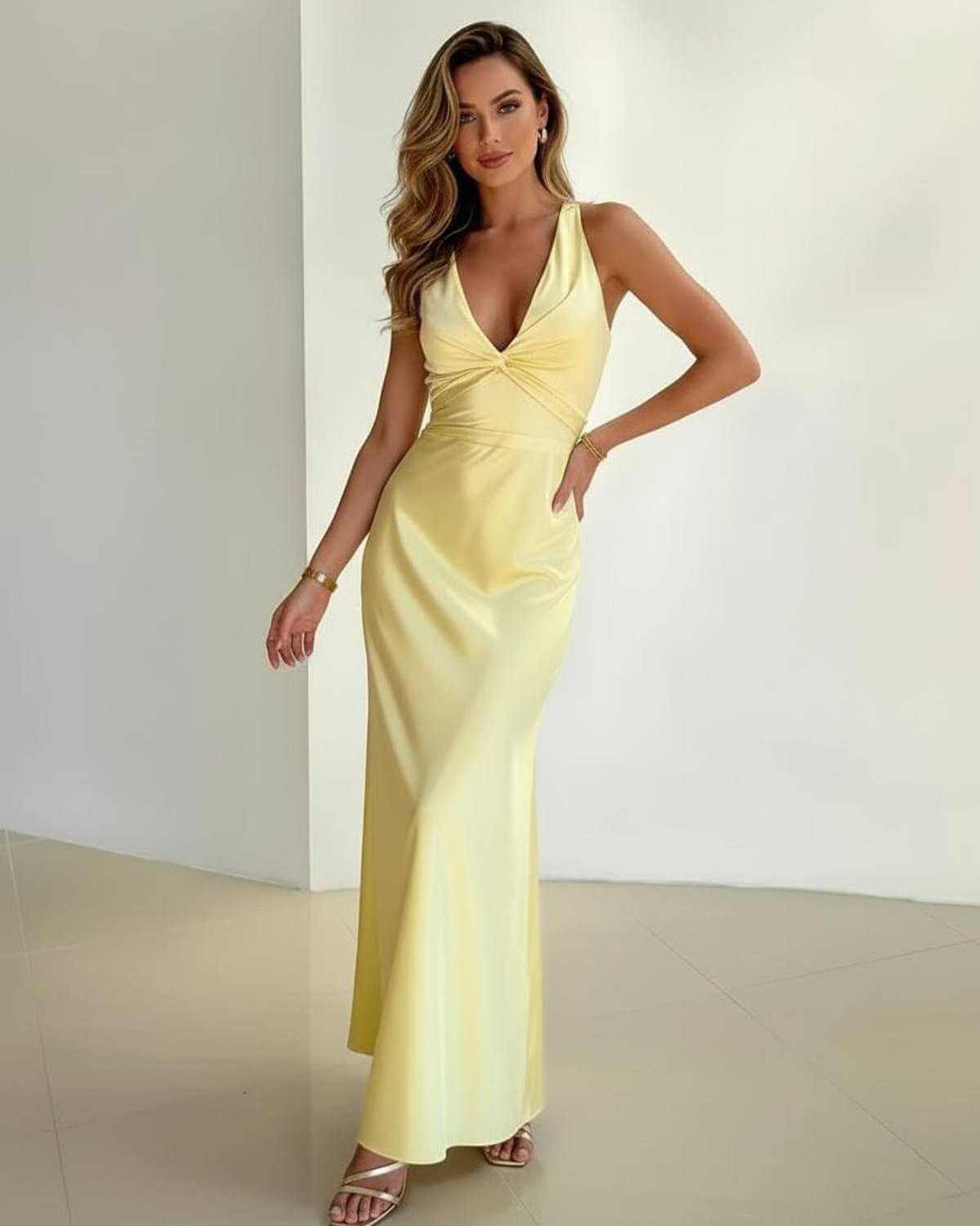 Gelbes Satin Maxikleid A-Linie mit V-Ausschnitt