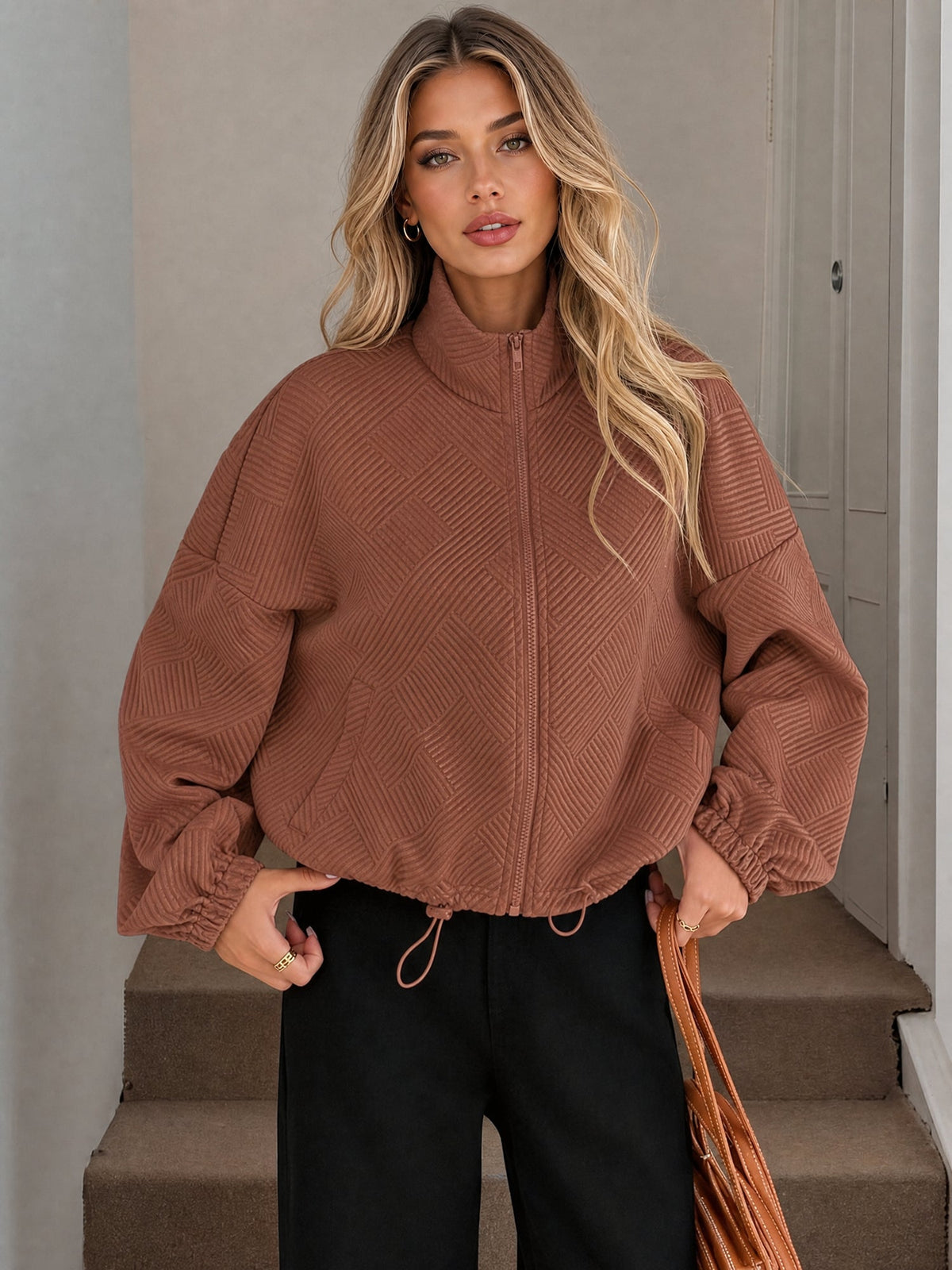 Damen Baseballjacke mit Reißverschluss und Kordelzug